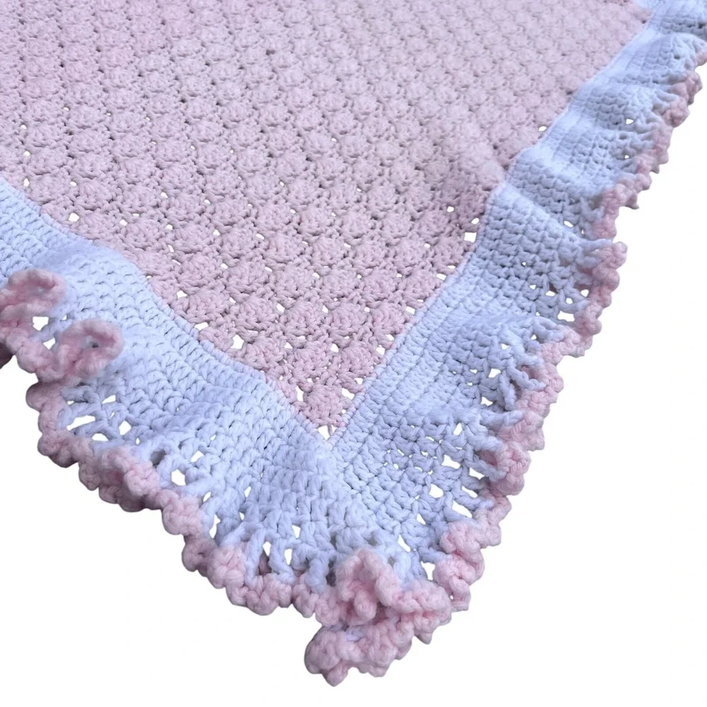 Vtg Handmade Crochet Baby Blanket Pink White Ruffle Shell Stitch Pom Pom Trim - Picture 2 of 3